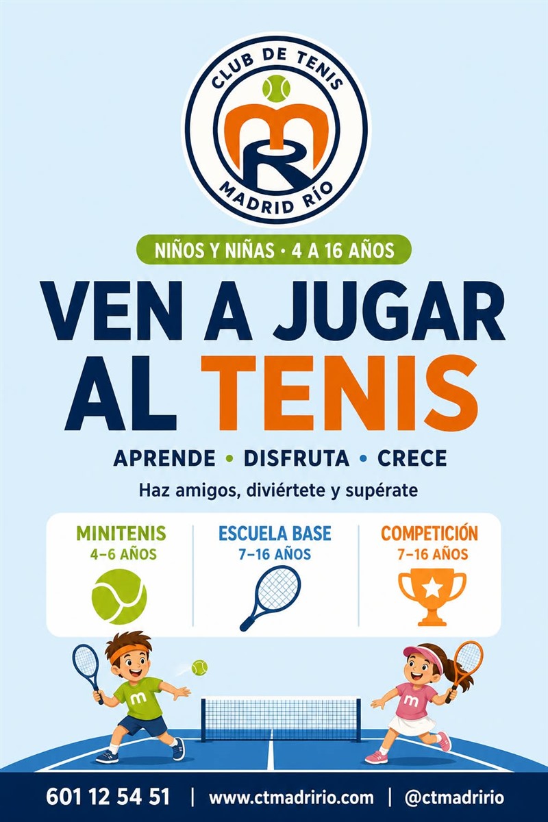 Escuela infantil de tenis para niños y niñas de 4 a 16 años en el Club de Tenis Madrid Río